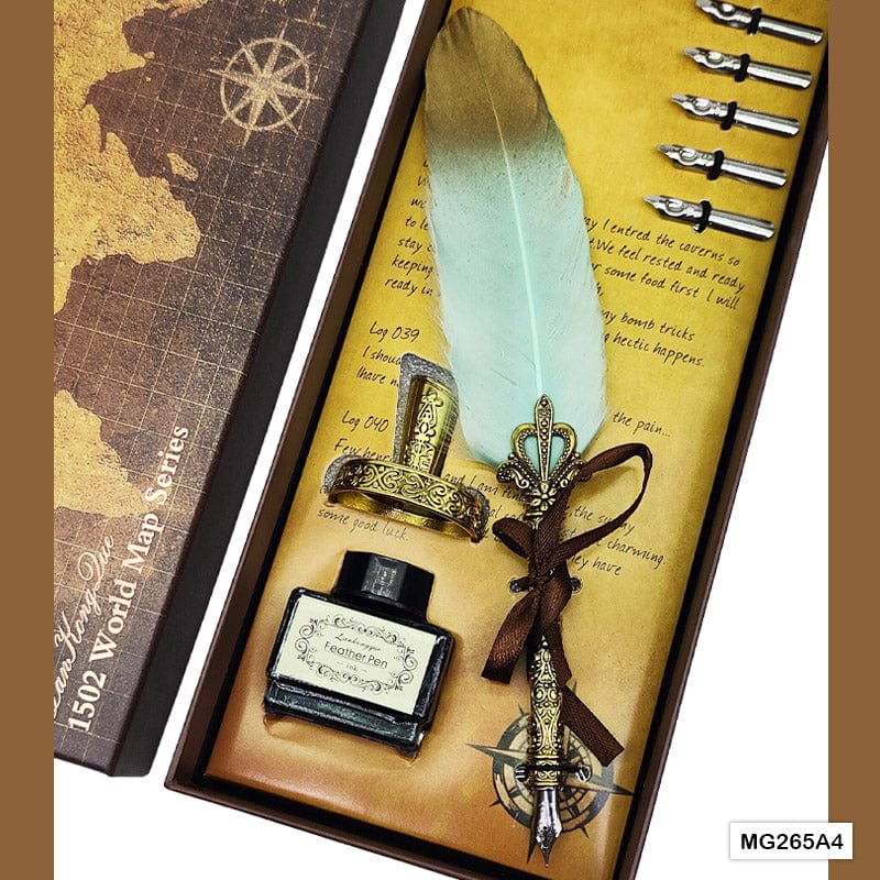 MG Traders Feather Pens Mg265A4 Feather Ink Pen Box Set Gold