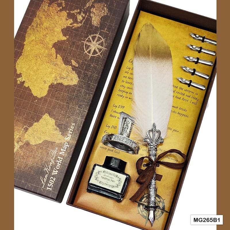MG Traders Feather Pens Mg265B1 Feather Ink Pen Box Set Silver